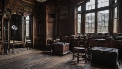 sky,day,indoors,book,no humans,window,chair,table,sunlight,building,scenery,wooden floor,door,clock,bookshelf,lamp,wooden chair,cloud,tree,desk,rain,tiles,candle,tile floor,stool,candlestand,cabinet,chandelier