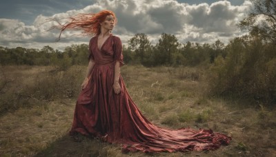 1girl,solo,long hair,breasts,dress,cleavage,standing,red hair,outdoors,sky,day,cloud,orange hair,tree,floating hair,red dress,cloudy sky,grass,wind,nature,forest,realistic,long dress,field,medium breasts,looking to the side,scenery