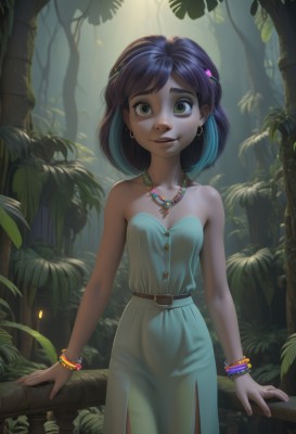 1girl,solo,breasts,looking at viewer,smile,short hair,bangs,brown hair,black hair,hair ornament,dress,bare shoulders,brown eyes,jewelry,green eyes,blue hair,standing,collarbone,multicolored hair,cowboy shot,earrings,small breasts,outdoors,parted lips,teeth,hairclip,belt,artist name,dark skin,necklace,bracelet,two-tone hair,dark-skinned female,tree,lips,bare arms,strapless,makeup,watermark,plant,nature,strapless dress,web address,forest,freckles,hoop earrings,wide-eyed,arms at sides,railing,open mouth,leaf,bob cut,child,backlighting,green dress