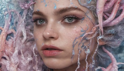 1girl,solo,looking at viewer,green eyes,grey hair,parted lips,artist name,water,blurry,lips,grey eyes,eyelashes,makeup,portrait,tentacles,close-up,freckles,realistic,nose,short hair,jewelry,earrings,watermark,web address,octopus,jellyfish,coral