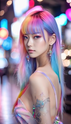 1girl,solo,long hair,breasts,looking at viewer,bangs,dress,bare shoulders,jewelry,medium breasts,closed mouth,blue hair,upper body,pink hair,purple hair,multicolored hair,earrings,looking back,blunt bangs,mole,blurry,black eyes,from side,two-tone hair,lips,eyelashes,tattoo,gradient hair,makeup,depth of field,blurry background,lipstick,gem,eyeshadow,pink lips,backless outfit,realistic,nose,eyeliner,backless dress,bokeh,mascara,rainbow hair,blue eyes,artist name,looking to the side,strapless,watermark,web address,lens flare,mole on neck