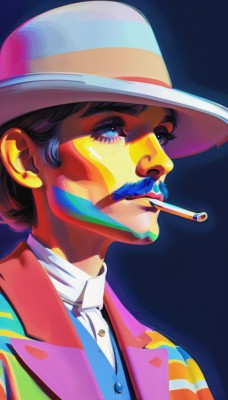 solo,short hair,blue eyes,simple background,shirt,black hair,1boy,hat,blue hair,jacket,upper body,male focus,facial hair,blue background,mouth hold,portrait,cigarette,nose,mustache,smoking,facepaint,1girl,brown hair,jewelry,white shirt,earrings,collared shirt,lips,eyelashes,makeup,formal,suit,clown