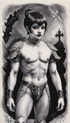 1girl,solo,looking at viewer,short hair,1boy,navel,jewelry,closed mouth,nipples,standing,collarbone,monochrome,greyscale,male focus,earrings,teeth,choker,signature,hair bun,armor,mole,lips,makeup,muscular,abs,single hair bun,pectorals,lipstick,muscular male,shoulder armor,toned,pauldrons,topless male,bracer,shoulder pads,loincloth,nail polish,bracelet,fingernails,wristband,facepaint,black lips