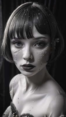 1girl,solo,breasts,looking at viewer,short hair,bangs,cleavage,jewelry,closed mouth,collarbone,monochrome,upper body,greyscale,earrings,artist name,signature,blunt bangs,lips,eyelashes,makeup,piercing,bob cut,lipstick,ear piercing,portrait,realistic,nose,dress,small breasts,teeth