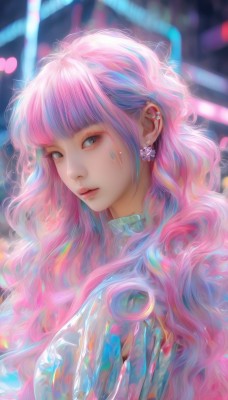 1girl,solo,long hair,looking at viewer,bangs,blue eyes,jewelry,closed mouth,upper body,pink hair,heart,multicolored hair,earrings,parted lips,blunt bangs,blurry,from side,lips,grey eyes,eyelashes,makeup,blurry background,wavy hair,piercing,ear piercing,eyeshadow,artist name,facial mark,gem,nose,cyberpunk