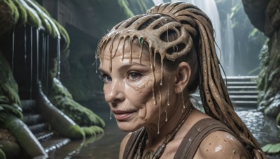 1girl,solo,long hair,looking at viewer,smile,brown hair,jewelry,ponytail,outdoors,parted lips,water,necklace,black eyes,lips,wet,grey eyes,portrait,freckles,rain,stairs,realistic,nose,wet hair,dripping,waterfall,hair ornament,brown eyes,earrings,blurry,close-up,skull,dirty,statue,tribal