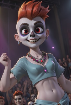 1girl,breasts,looking at viewer,smile,short hair,shirt,red eyes,navel,jewelry,collarbone,upper body,short sleeves,red hair,earrings,small breasts,multiple boys,teeth,solo focus,midriff,hand up,necklace,stomach,nail polish,orange hair,grin,blurry,crop top,fingernails,torn clothes,makeup,mask,depth of field,blurry background,blue shirt,sharp teeth,black nails,pendant,eyeshadow,skull,evil smile,very short hair,multiple others,torn shirt,zombie,crowd,horror (theme),solo,fangs,facepaint,skeleton,stage,mohawk,audience,skull necklace