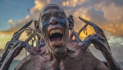 solo,looking at viewer,open mouth,blue eyes,1boy,upper body,male focus,outdoors,horns,sky,teeth,tongue,cloud,blurry,no humans,blurry background,parody,cloudy sky,pointing,monster,realistic,pointing at self,horror (theme),day,bug,extra arms,what