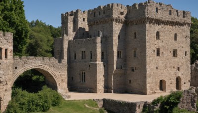 outdoors,sky,day,tree,blue sky,no humans,window,grass,building,nature,scenery,ruins,arch,moss,overgrown,plant,fantasy,bush,architecture,castle