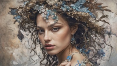 1girl,solo,long hair,looking at viewer,brown hair,black hair,hair ornament,hat,brown eyes,jewelry,flower,earrings,parted lips,necklace,black eyes,lips,grey eyes,lipstick,portrait,blue flower,realistic,straw hat,red lips,short hair,eyelashes,makeup,feathers,close-up