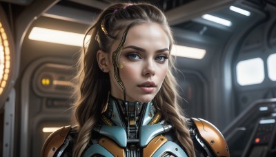 HQ,1girl,solo,long hair,looking at viewer,blue eyes,brown hair,jewelry,earrings,parted lips,indoors,armor,blurry,lips,bodysuit,makeup,portrait,forehead,science fiction,realistic,nose,hair pulled back,power armor,cyberpunk,hair ornament,upper body,hairclip,close-up,backlighting,earpiece