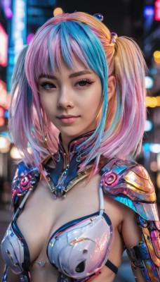 1girl,solo,breasts,looking at viewer,smile,bangs,blonde hair,cleavage,twintails,medium breasts,closed mouth,blue hair,upper body,pink hair,multicolored hair,medium hair,blurry,black eyes,two-tone hair,lips,eyelashes,bodysuit,makeup,blurry background,science fiction,realistic,nose,cyborg,cyberpunk,armor,depth of field,android