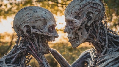 upper body,teeth,blurry,looking at another,from side,no humans,profile,depth of field,blurry background,eye contact,science fiction,skull,monster,realistic,skeleton,bone,alien,open mouth