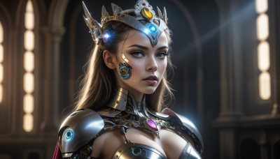 HQ,1girl,solo,long hair,breasts,looking at viewer,blue eyes,blonde hair,large breasts,brown hair,cleavage,jewelry,medium breasts,upper body,earrings,parted lips,indoors,armor,blurry,lips,eyelashes,makeup,blurry background,headgear,cleavage cutout,tiara,crown,lipstick,shoulder armor,gem,portrait,pauldrons,nose,forehead jewel,gorget,green eyes,realistic,light,shoulder pads,pillar