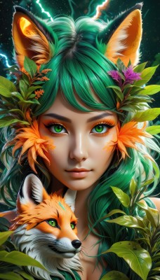 1girl,solo,long hair,looking at viewer,bangs,hair ornament,animal ears,closed mouth,green eyes,collarbone,flower,green hair,artist name,hair flower,lips,animal ear fluff,fox ears,eyelashes,makeup,animal,leaf,watermark,facial mark,plant,slit pupils,portrait,star (sky),eyeshadow,freckles,nose,electricity,eyeliner,fox,upper body,realistic