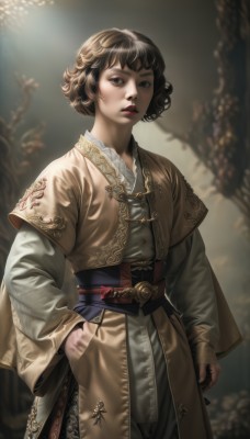 1girl,solo,looking at viewer,short hair,bangs,brown hair,black hair,long sleeves,dress,brown eyes,standing,cowboy shot,parted lips,belt,blurry,black eyes,lips,sash,makeup,blurry background,lipstick,androgynous,curly hair,hand in pocket,realistic,red lips,holding,teeth,wide sleeves,thick eyebrows