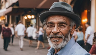 looking at viewer,smile,shirt,1boy,hat,closed mouth,closed eyes,white shirt,grey hair,male focus,outdoors,multiple boys,glasses,solo focus,collared shirt,blurry,black headwear,depth of field,blurry background,facial hair,beard,6+boys,realistic,round eyewear,mustache,bald,old,old man,grey headwear,crowd,people,wrinkled skin,short hair,multiple girls,skirt,upper body,parted lips,necktie,pants,lips,blue skirt,cosplay,parody,blue shirt,portrait,walking