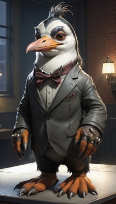 solo,looking at viewer,shirt,bow,jewelry,standing,jacket,full body,indoors,bowtie,no humans,window,bird,animal,formal,ring,suit,claws,lamp,animal focus,penguin,traditional bowtie,beak,clothed animal,brown eyes,orange eyes,watch,realistic,wristwatch,brick wall