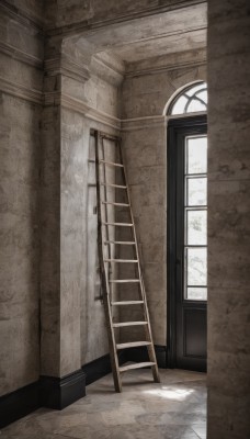 monochrome,day,indoors,no humans,window,sunlight,scenery,stairs,door,wall,pillar,easel,hallway