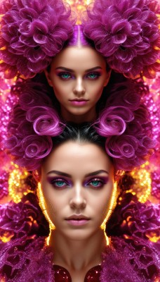 1girl,looking at viewer,multiple girls,black hair,hair ornament,2girls,jewelry,closed mouth,green eyes,upper body,purple hair,flower,multicolored hair,artist name,signature,hair flower,dark skin,dark-skinned female,lips,eyelashes,makeup,glowing,lipstick,gem,portrait,eyeshadow,curly hair,realistic,nose,eyeliner,purple lips,mascara,smile,blue eyes,aqua eyes,watermark,expressionless,web address,purple flower,symmetry