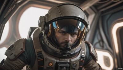 solo,looking at viewer,brown hair,1boy,brown eyes,closed mouth,upper body,male focus,artist name,signature,armor,blurry,facial hair,helmet,beard,science fiction,realistic,mustache,pilot suit,spacesuit,cockpit,pilot,black hair,black eyes,official alternate costume,headset,serious,power armor