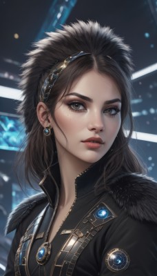 1girl,solo,long hair,looking at viewer,brown hair,black hair,brown eyes,jewelry,jacket,upper body,hairband,earrings,parted lips,teeth,necklace,mole,blurry,black eyes,lips,black jacket,fur trim,eyelashes,mole under eye,blurry background,gem,portrait,zipper,freckles,realistic,nose,makeup,forehead,unzipped