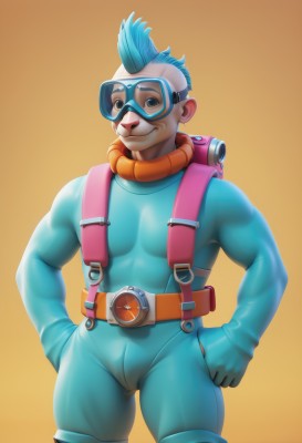 solo,looking at viewer,smile,simple background,1boy,blue hair,male focus,cowboy shot,belt,bag,bodysuit,muscular,backpack,goggles,yellow background,skin tight,personification,goggles on head,hands on hips,hands in pockets,orange background,blue bodysuit,humanization,blue eyes,gloves,colored skin,blue skin,blue gloves