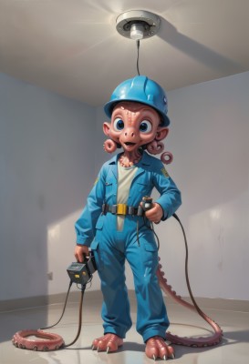 solo,looking at viewer,smile,open mouth,blue eyes,shirt,long sleeves,1boy,hat,holding,standing,full body,white shirt,male focus,barefoot,teeth,belt,pants,indoors,uniform,tentacles,1other,blue headwear,tentacle hair,blue pants,cable,jumpsuit,alien,horror (theme),wire,light bulb,1girl,shadow,helmet,claws,monster