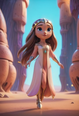 1girl,solo,long hair,blue eyes,brown hair,dress,navel,jewelry,standing,full body,outdoors,sky,day,white dress,blurry,flat chest,blue sky,lips,see-through,loli,no panties,standing on one leg,tiara,looking up,gem,child,walking,bracer,princess zelda,closed mouth,pointy ears,artist name,depth of field,blurry background,aged down,nose,gold