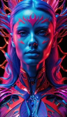 1girl,solo,long hair,looking at viewer,blue eyes,closed mouth,blue hair,upper body,lips,bodysuit,tattoo,makeup,colored skin,facial mark,portrait,science fiction,nose,blue skin,straight-on,alien,cyberpunk,red hair,black background,realistic