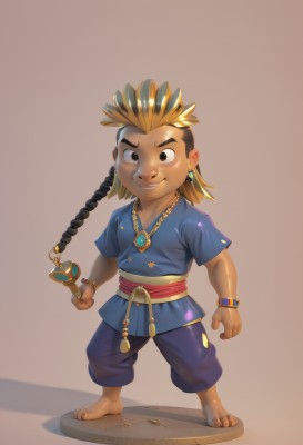 solo,looking at viewer,smile,blonde hair,simple background,brown hair,shirt,black hair,1boy,holding,jewelry,closed mouth,standing,full body,weapon,braid,short sleeves,male focus,multicolored hair,earrings,barefoot,pants,sword,necklace,holding weapon,black eyes,bracelet,two-tone hair,sash,holding sword,thick eyebrows,blue shirt,child,brown background,male child,faux figurine,long hair,brown eyes,artist name,watermark,gem