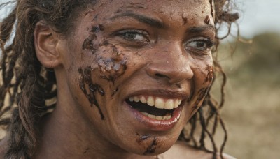 1girl,solo,long hair,smile,open mouth,brown hair,1boy,male focus,outdoors,teeth,day,dark skin,blurry,lips,looking to the side,grey eyes,blurry background,portrait,freckles,realistic,dirty,dreadlocks,brown eyes,facial hair,parody,close-up,curly hair,nose