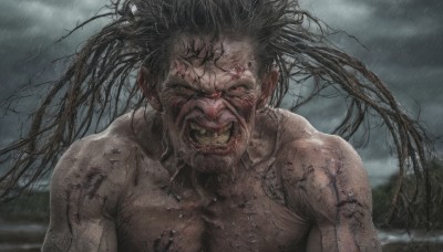 solo,long hair,looking at viewer,smile,open mouth,black hair,1boy,upper body,male focus,outdoors,sky,teeth,cloud,blood,cloudy sky,facing viewer,rain,veins,horror (theme),grin,muscular,messy hair,topless male,realistic,grey sky