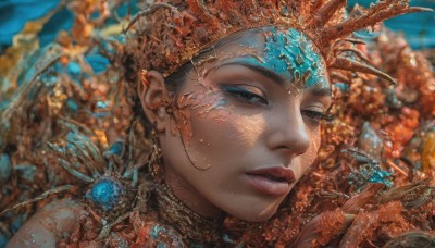 1girl,solo,looking at viewer,short hair,blue eyes,black hair,hair ornament,jewelry,flower,earrings,parted lips,artist name,necklace,blurry,black eyes,lips,grey eyes,eyelashes,makeup,depth of field,blurry background,piercing,half-closed eyes,crown,gem,portrait,eyeshadow,freckles,realistic,nose,red lips,gold,close-up,headdress