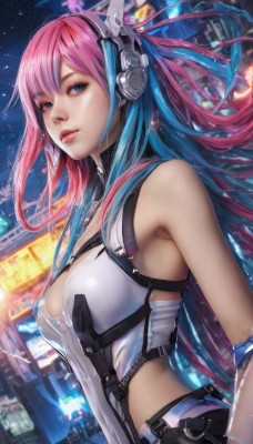 1girl,solo,long hair,breasts,looking at viewer,bangs,blue eyes,gloves,cleavage,bare shoulders,medium breasts,blue hair,upper body,pink hair,multicolored hair,outdoors,parted lips,sky,sleeveless,two-tone hair,lips,clothing cutout,night,headgear,headphones,science fiction,realistic,nose,armpits,from side,gradient hair,makeup,city