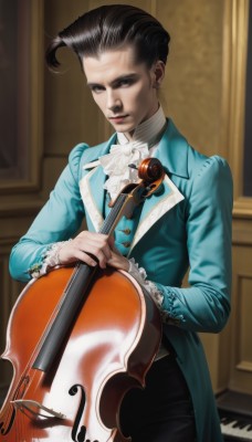 1girl,solo,looking at viewer,short hair,brown hair,black hair,long sleeves,1boy,jewelry,closed mouth,standing,male focus,cowboy shot,earrings,pants,indoors,blurry,lips,ascot,black pants,formal,suit,blue jacket,instrument,realistic,nose,music,playing instrument,holding instrument,blue coat,violin,bow (music),sitting,makeup,chair