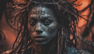 solo,long hair,looking at viewer,black hair,1boy,closed mouth,male focus,parted lips,teeth,blurry,black eyes,blurry background,colored skin,portrait,blue skin,grey skin,alien,horror (theme),1girl,lips,realistic,dreadlocks,cracked skin