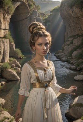 1girl,solo,looking at viewer,blue eyes,brown hair,dress,brown eyes,jewelry,standing,earrings,outdoors,parted lips,sky,day,water,necklace,hair bun,white dress,lips,sunlight,single hair bun,gem,nature,scenery,light rays,rock,realistic,fantasy,sunbeam,lake,moss,stone,breasts,long sleeves,collarbone,nail polish,red nails,river