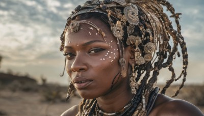 1girl,solo,long hair,looking at viewer,smile,black hair,hair ornament,bare shoulders,brown eyes,jewelry,braid,outdoors,parted lips,sky,teeth,day,cloud,dark skin,necklace,blurry,black eyes,dark-skinned female,lips,depth of field,blurry background,bird,cloudy sky,portrait,freckles,realistic,nose,very dark skin,dreadlocks,earrings,facial mark,headdress