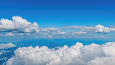 monochrome,outdoors,sky,day,cloud,blue sky,no humans,ocean,cloudy sky,scenery,blue theme,horizon,landscape,above clouds