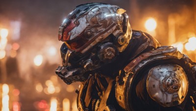 solo,1boy,upper body,male focus,scarf,armor,blurry,from side,no humans,profile,depth of field,blurry background,glowing,helmet,robot,mecha,1other,lens flare,science fiction,realistic,bokeh,looking ahead,power armor,lights,humanoid robot,portrait,cyberpunk