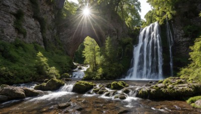 outdoors,day,water,tree,no humans,sunlight,nature,scenery,forest,light rays,rock,sunbeam,river,waterfall,cliff,moss,landscape,stream