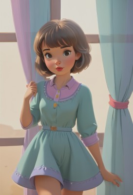 1girl,solo,breasts,looking at viewer,blush,smile,short hair,bangs,brown hair,dress,brown eyes,closed mouth,standing,cowboy shot,small breasts,belt,artist name,indoors,hand up,lips,window,makeup,buttons,blue dress,lipstick,curtains,backlighting,collared dress,red lips,curtain grab