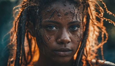 1girl,solo,long hair,looking at viewer,blue eyes,black hair,twintails,parted lips,teeth,dark skin,blurry,dark-skinned female,lips,depth of field,blurry background,portrait,close-up,freckles,realistic,straight-on,very dark skin,dreadlocks,smile,watermark