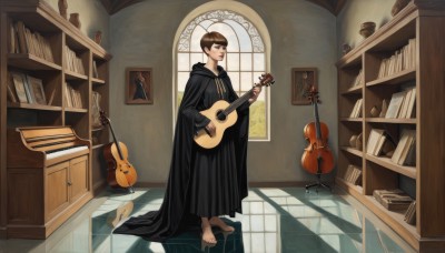 1girl,solo,short hair,bangs,brown hair,long sleeves,dress,holding,brown eyes,standing,full body,flower,barefoot,indoors,hood,blunt bangs,cape,black dress,book,window,shadow,hood down,plant,instrument,cloak,robe,music,bookshelf,guitar,tiles,potted plant,tile floor,playing instrument,holding instrument,shelf,picture frame,painting (object),violin,jewelry,lips,reflection,very short hair,reflective floor