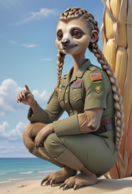 1girl,solo,long hair,breasts,looking at viewer,smile,brown hair,shirt,long sleeves,brown eyes,very long hair,closed mouth,full body,braid,short sleeves,outdoors,sky,barefoot,day,belt,pants,cloud,uniform,twin braids,blue sky,fingernails,military,military uniform,ocean,beach,squatting,claws,furry,pocket,green shirt,sand,furry female,breast pocket,green pants,medal,animal feet,furrification,jacket,tail,artist name,water,monster girl,animal hands,patch