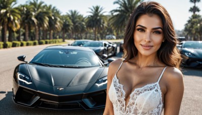 1girl,solo,long hair,breasts,looking at viewer,smile,large breasts,brown hair,cleavage,brown eyes,jewelry,medium breasts,underwear,collarbone,upper body,earrings,outdoors,day,dark skin,medium hair,necklace,blurry,dark-skinned female,tree,lips,blurry background,ground vehicle,motor vehicle,camisole,realistic,palm tree,car,vehicle focus,white camisole,photo background,sports car,dress,bare shoulders,mole