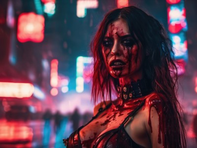 1girl,solo,long hair,breasts,large breasts,black hair,cleavage,medium breasts,upper body,teeth,choker,blurry,collar,lips,blood,makeup,blurry background,piercing,blood on face,realistic,nose,blood on clothes,looking at viewer,parted lips,depth of field