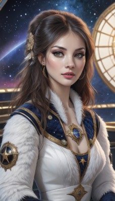 1girl,solo,long hair,breasts,looking at viewer,brown hair,hair ornament,dress,cleavage,brown eyes,jewelry,medium breasts,upper body,earrings,parted lips,sky,necklace,lips,fur trim,eyelashes,window,makeup,night,feathers,lipstick,star (sky),night sky,eyeshadow,starry sky,realistic,nose,red lips,space,artist name,star (symbol),white dress,gem,emblem