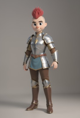 solo,looking at viewer,smile,short hair,simple background,1boy,closed mouth,standing,full body,male focus,red hair,multicolored hair,boots,belt,pants,grey background,armor,black eyes,two-tone hair,brown footwear,shoulder armor,pauldrons,breastplate,vambraces,male child,greaves,brown pants,mohawk,plate armor,gauntlets,armored boots